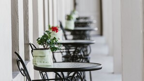 A row of outdoor tables and chairs with potted plants, set against a white wall. - Inverell Terrace Motor Lodge (Inverell)