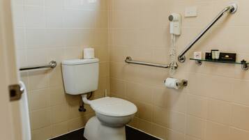 Ein Badezimmer mit Toilette, Haltegriffen, einem Föhn und einem Ablagefach für Pflegeprodukte.