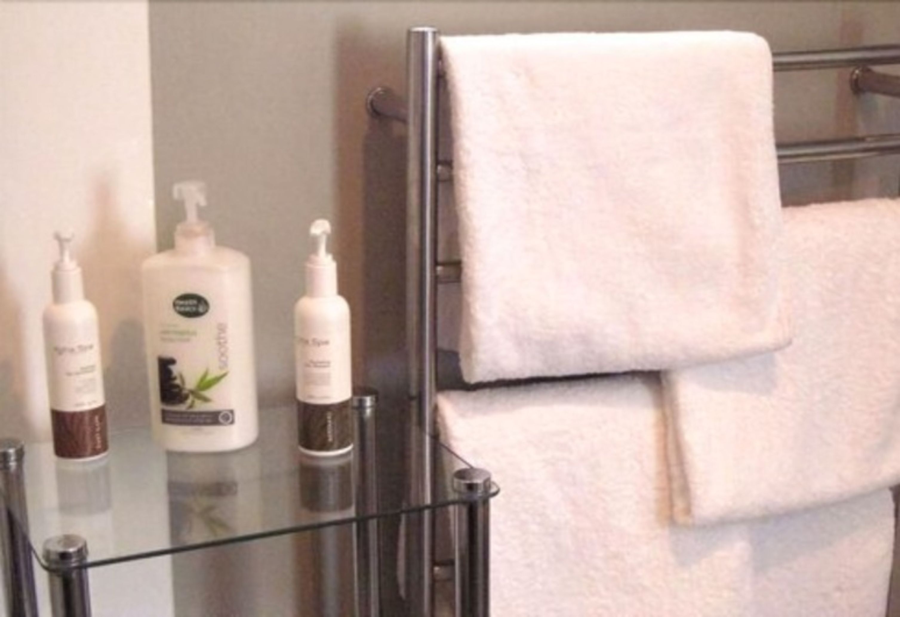 A bathroom with a glass shower enclosure, a white towel, and three bottles of shampoo on a glass shelf.