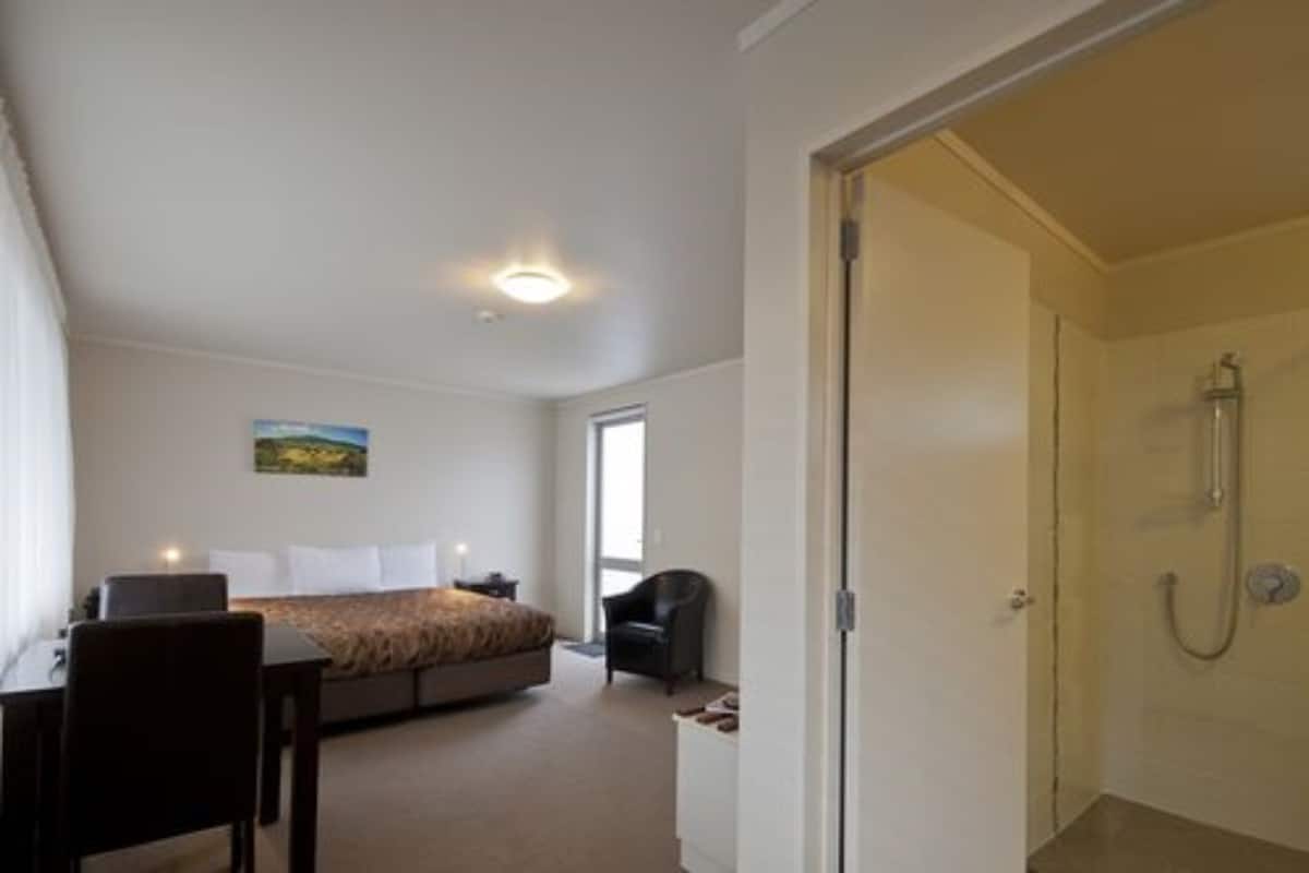 A bedroom with a bed, a desk, a chair, and a shower area.