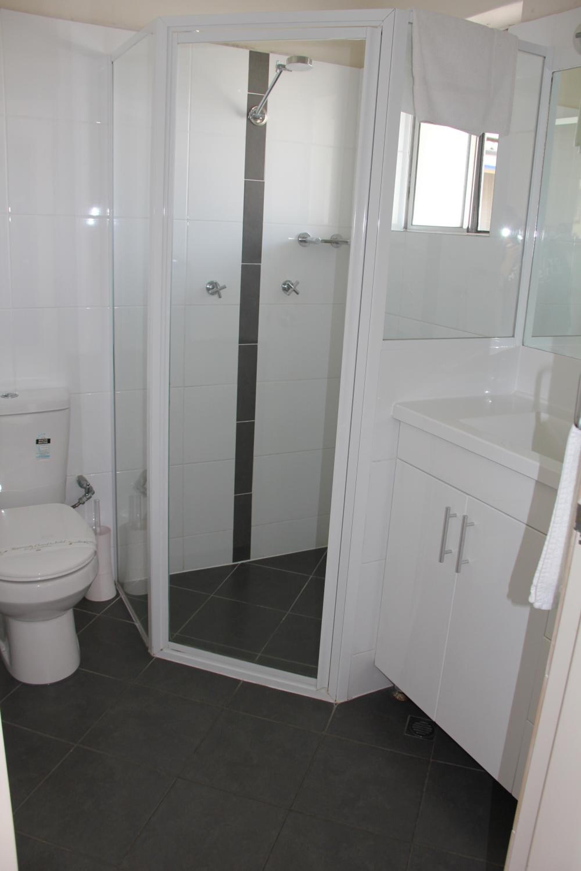 Een badkamer met een wit toilet, een douche met glazen wanden en een wit wastafelmeubel met een spiegel erboven.