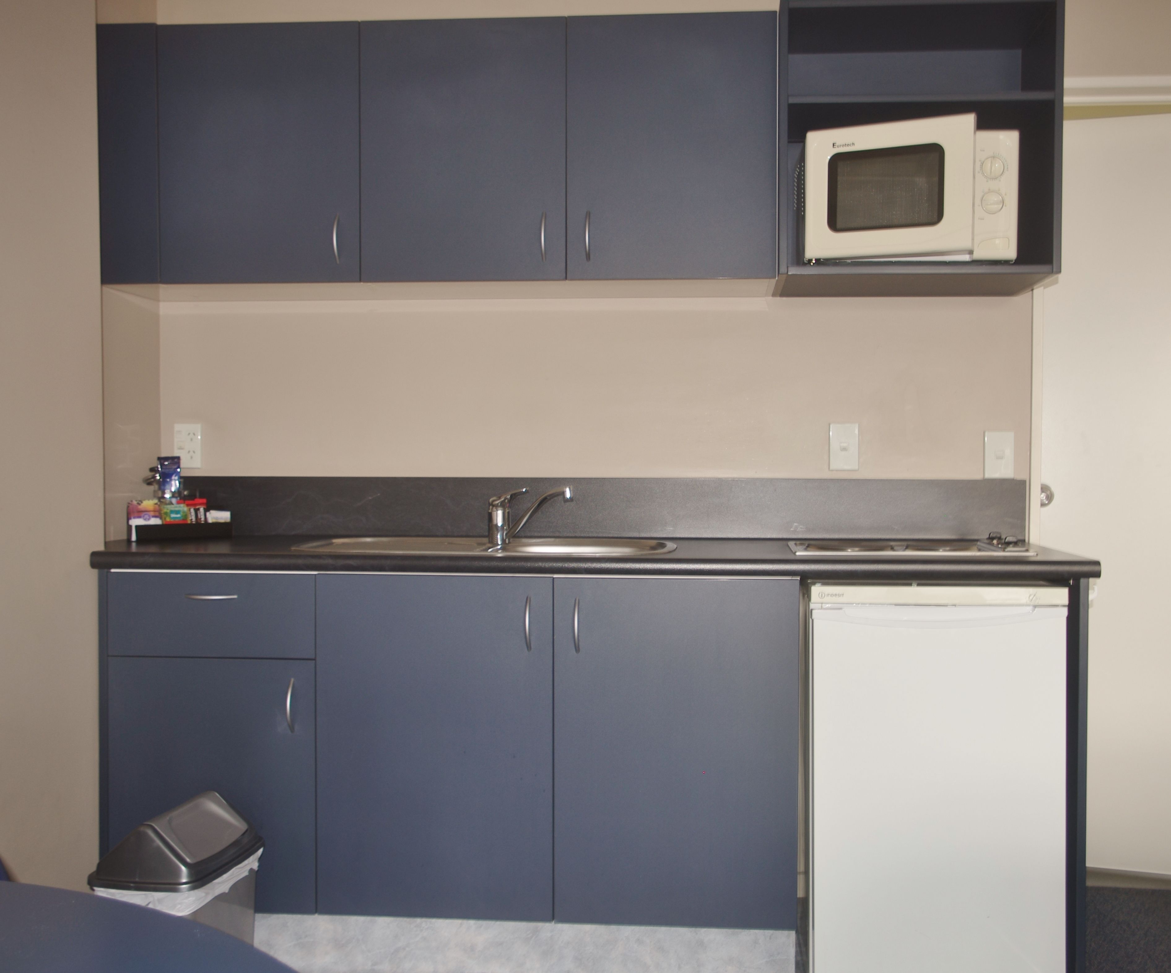 A compact kitchen with dark cabinets, a microwave, a sink, and a small refrigerator.