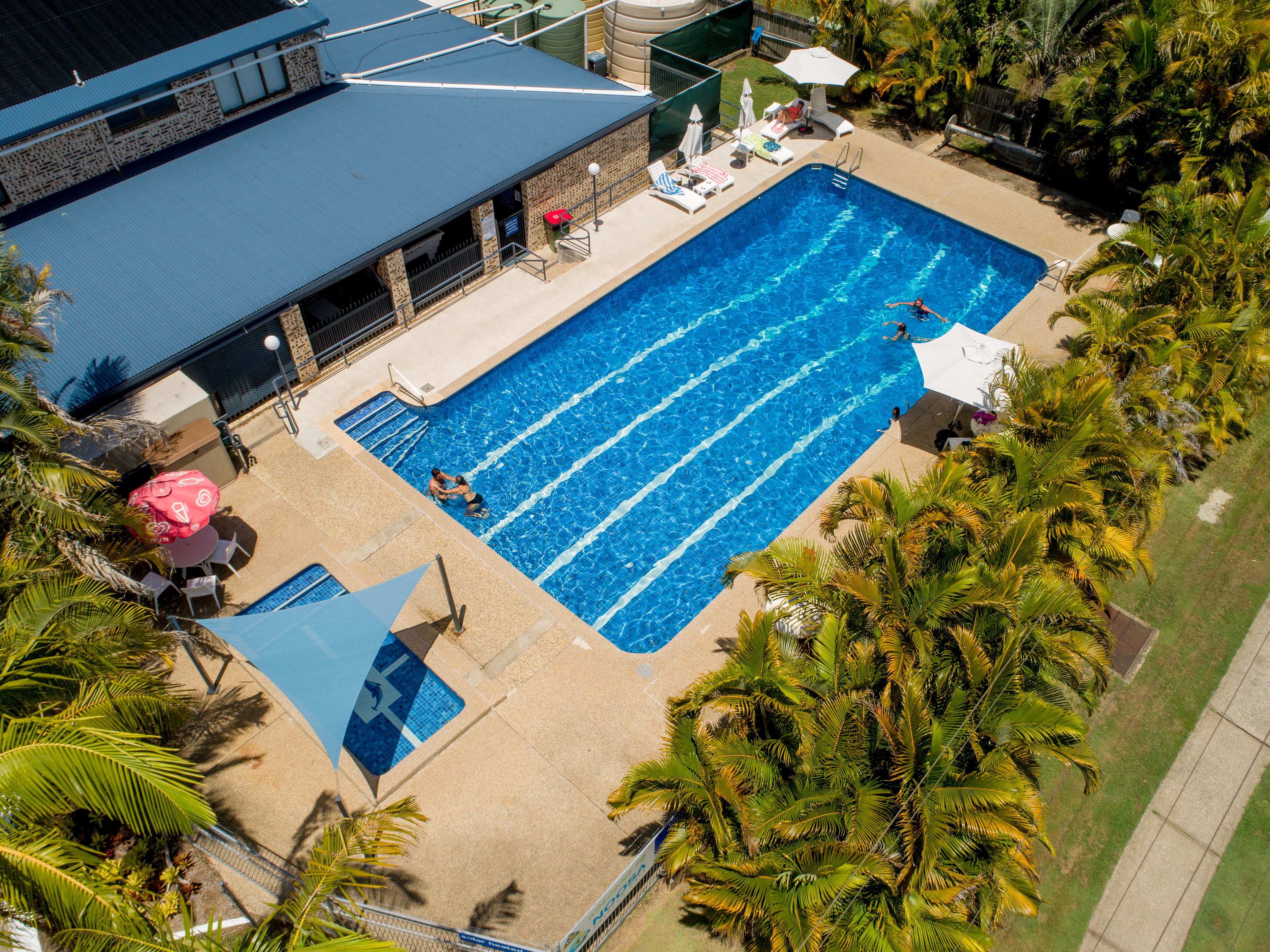 Una grande piscina rettangolare con acqua cristallina, circondata da palme e da una zona coperta con lettini e ombrelloni.