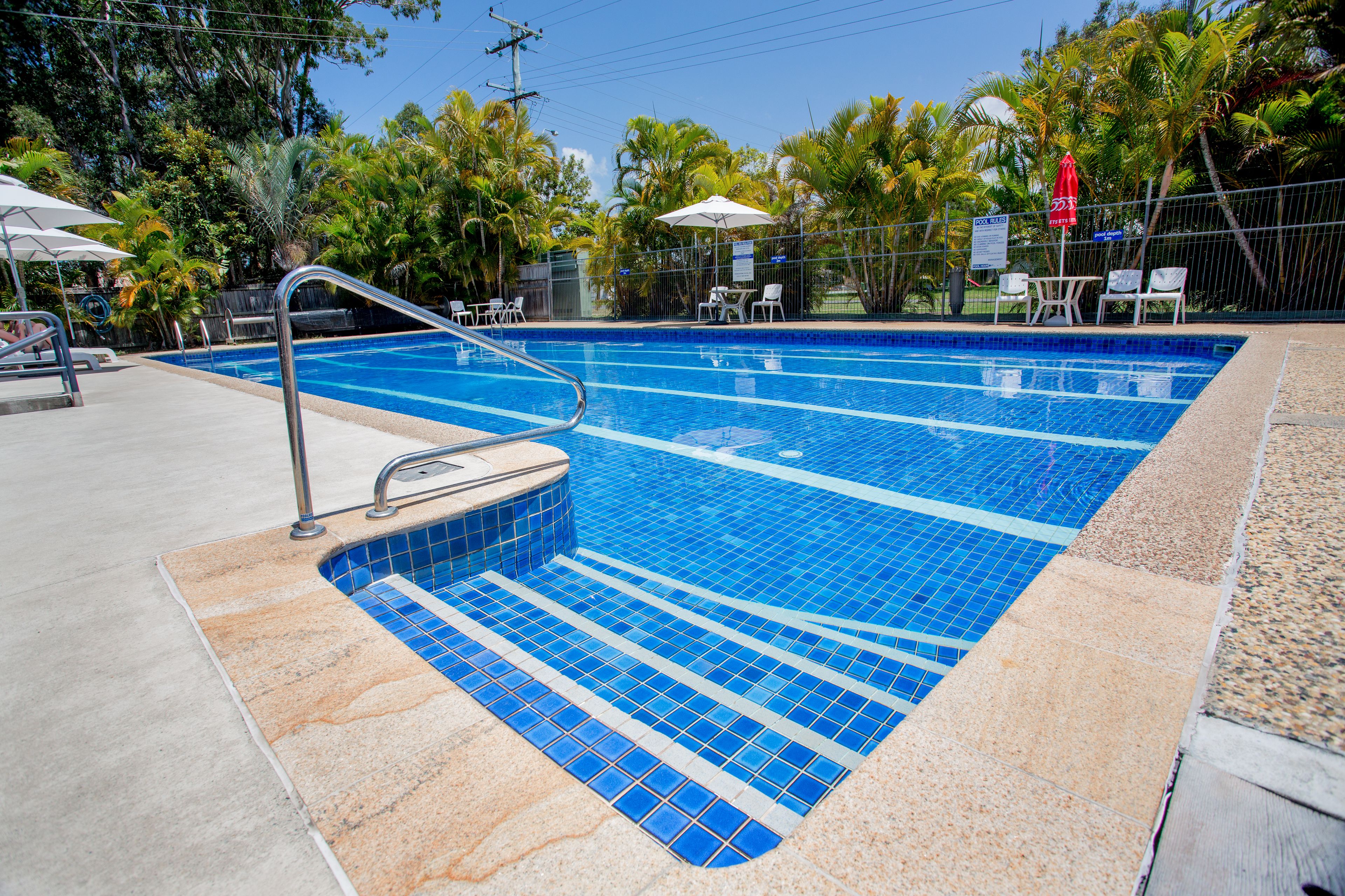A swimming pool with a tiled edge, surrounded by palm trees and chairs.