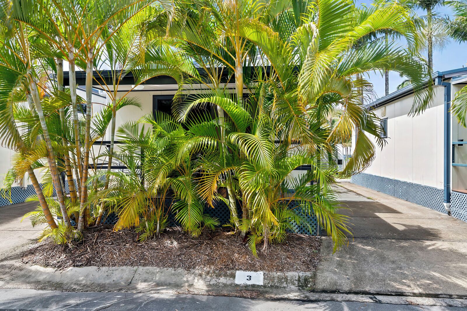 Un edificio con fachada blanca y detalles azules, rodeado de palmeras.