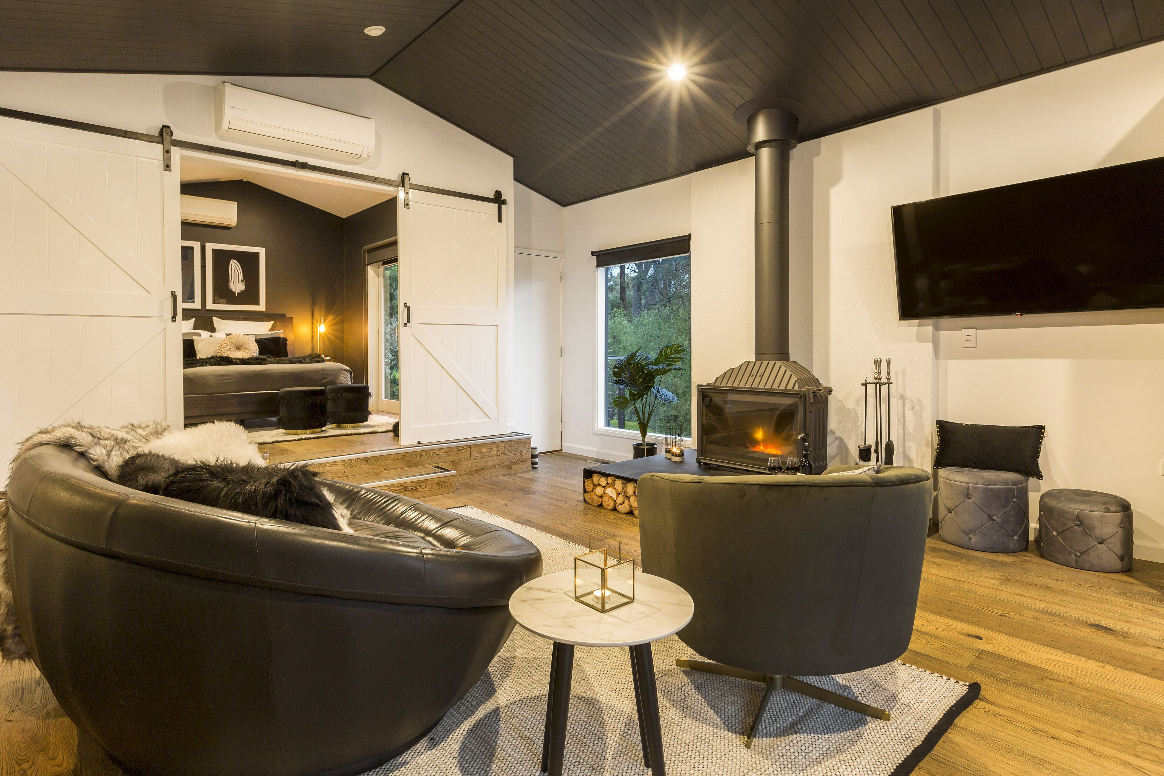 Plasma TV, fireplace, DVD player
