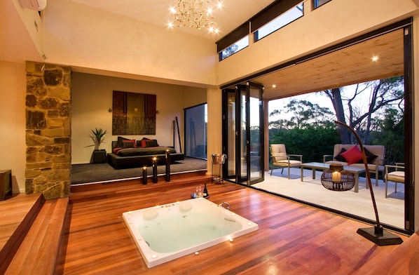 Plasma TV, fireplace, DVD player