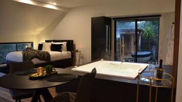 Plasma TV, fireplace, DVD player