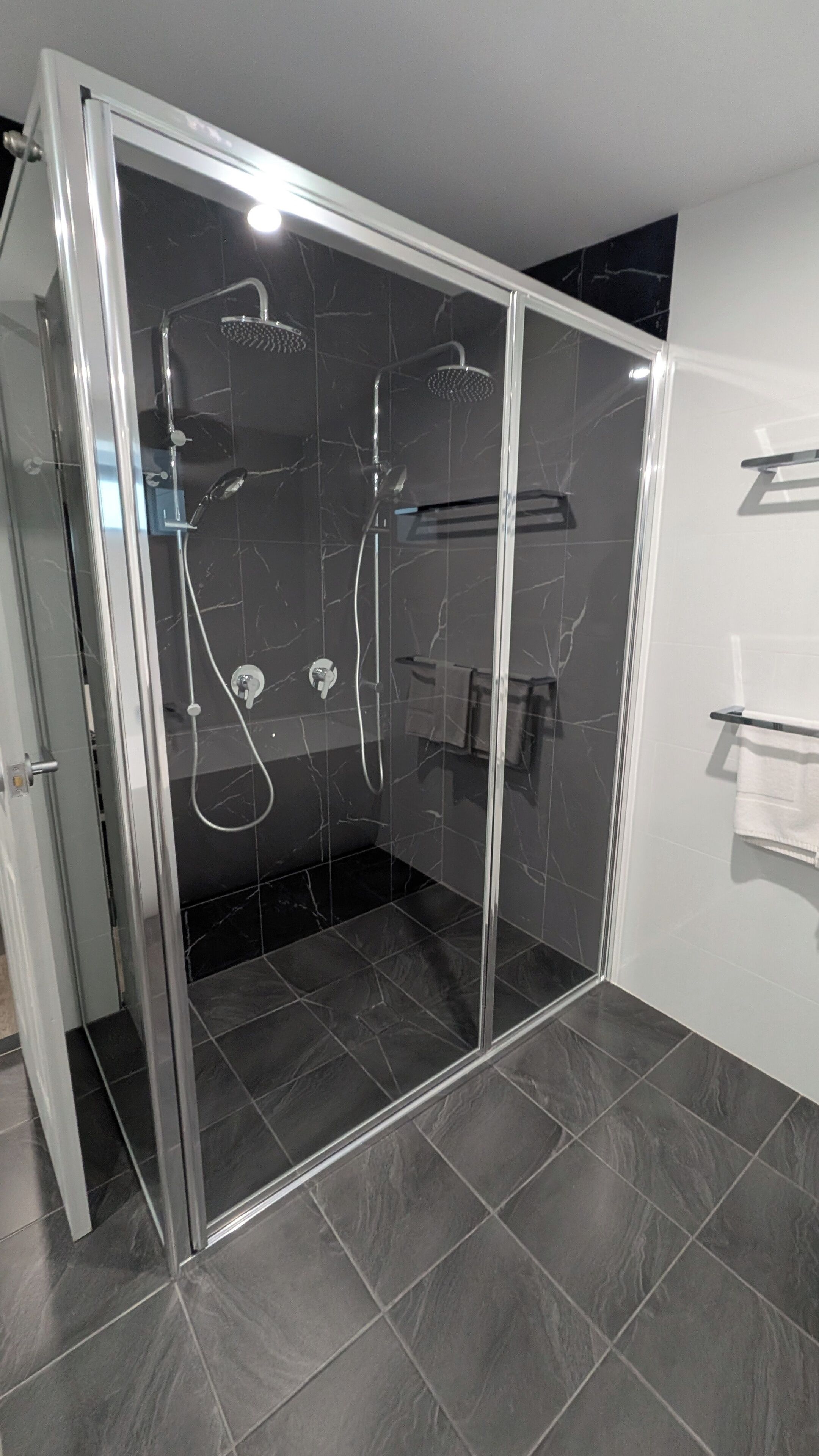 A modern shower enclosure with a glass door, a handheld showerhead, a wall-mounted showerhead, and a towel rack.