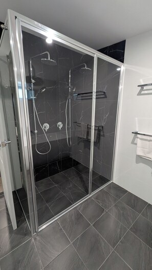 A modern shower enclosure with a glass door, a handheld showerhead, a wall-mounted showerhead, and a towel rack.