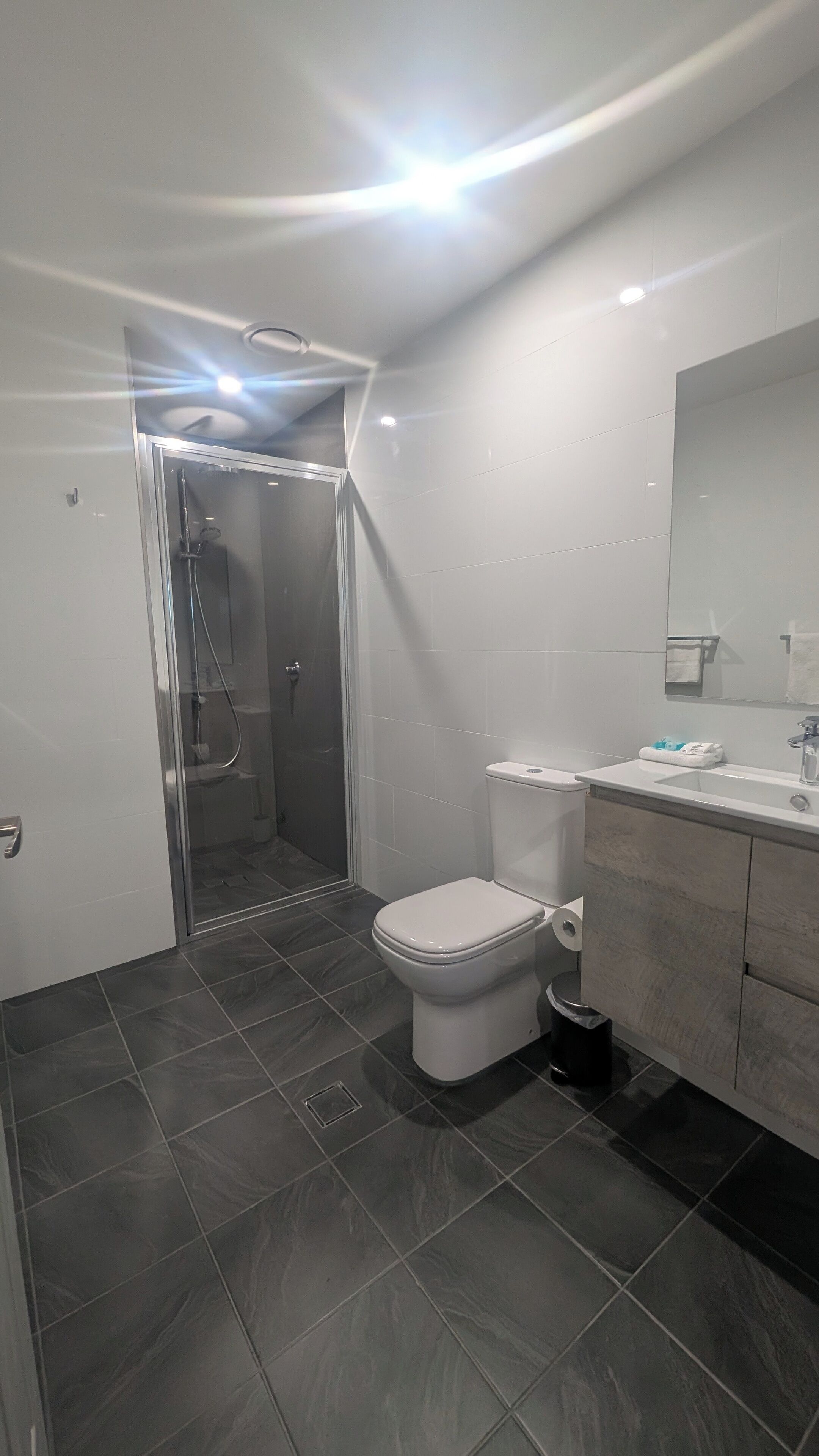 A modern bathroom with a shower, toilet, and vanity.