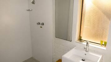 A bathroom with a shower, a sink, and a mirror.