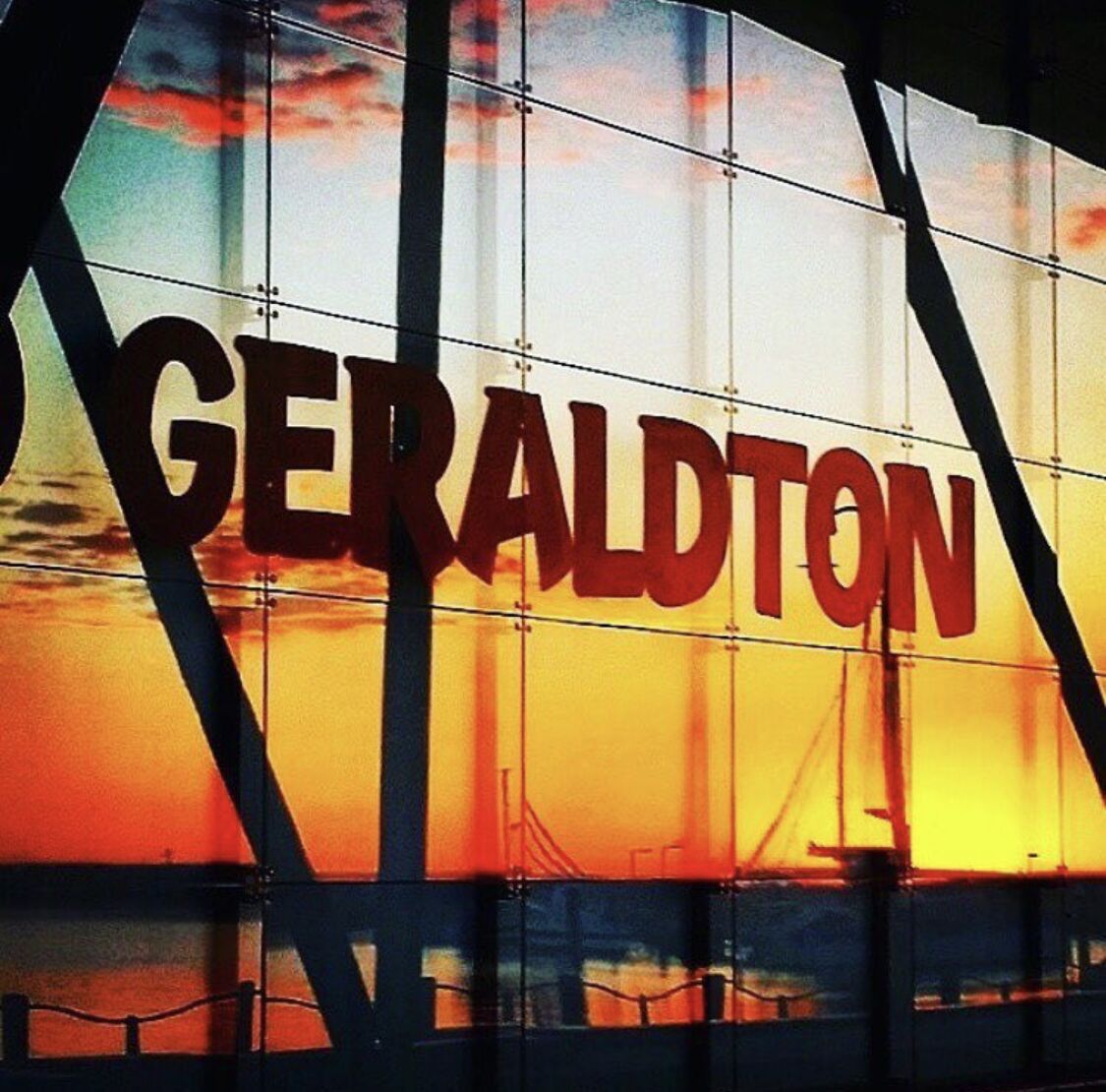 A building facade with the word "GERALDTON" prominently displayed.