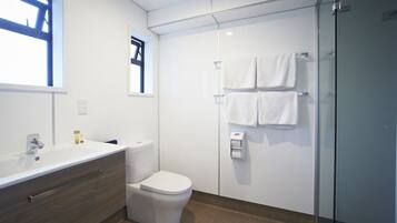 A modern bathroom with a white sink, toilet, and glass shower enclosure.