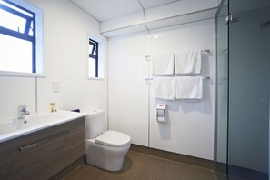 A modern bathroom with a white sink, toilet, and glass shower enclosure.