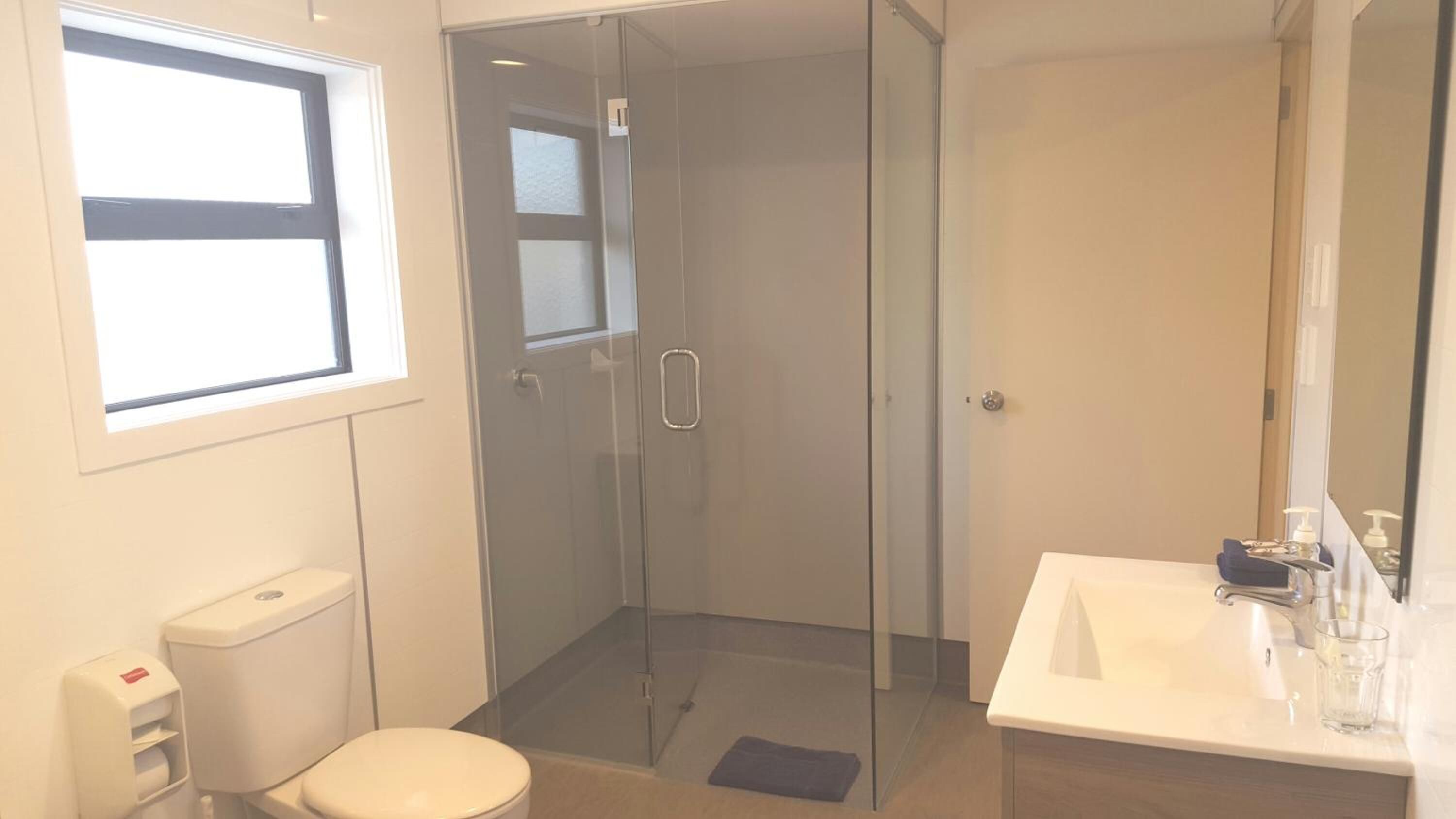 A modern bathroom with a glass shower enclosure, a toilet, and a sink with a mirror.