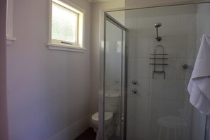 A bathroom with a glass-enclosed shower, a toilet, and a window. - Blackheath Holiday Cabins (Blackheath)
