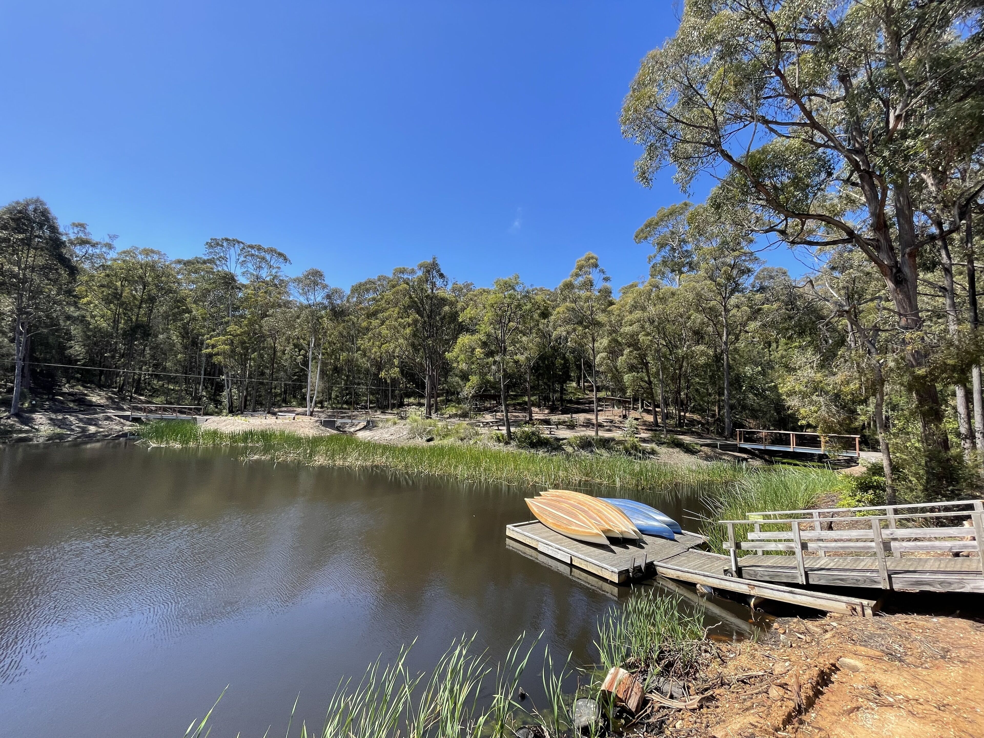 A calm lake with a wooden dock and a boat.
