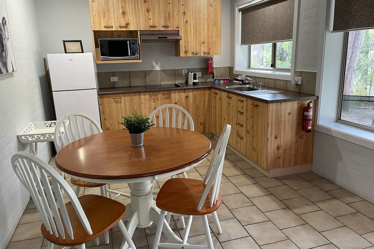 Full-sized fridge, espresso maker, electric kettle, toaster