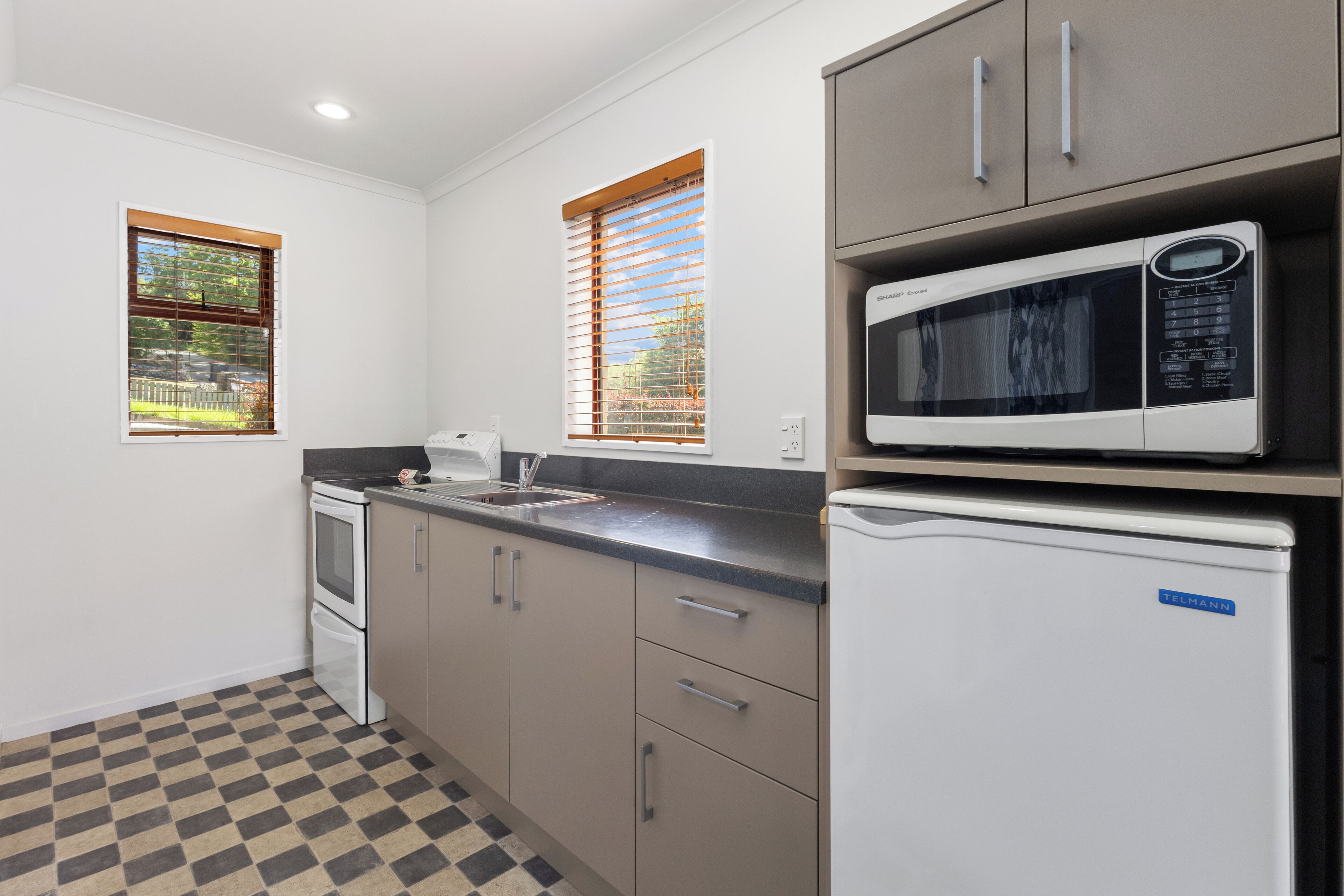 Fridge, microwave, stovetop, coffee/tea maker