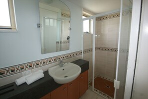 Bañera y ducha independientes, secador de pelo y toallas