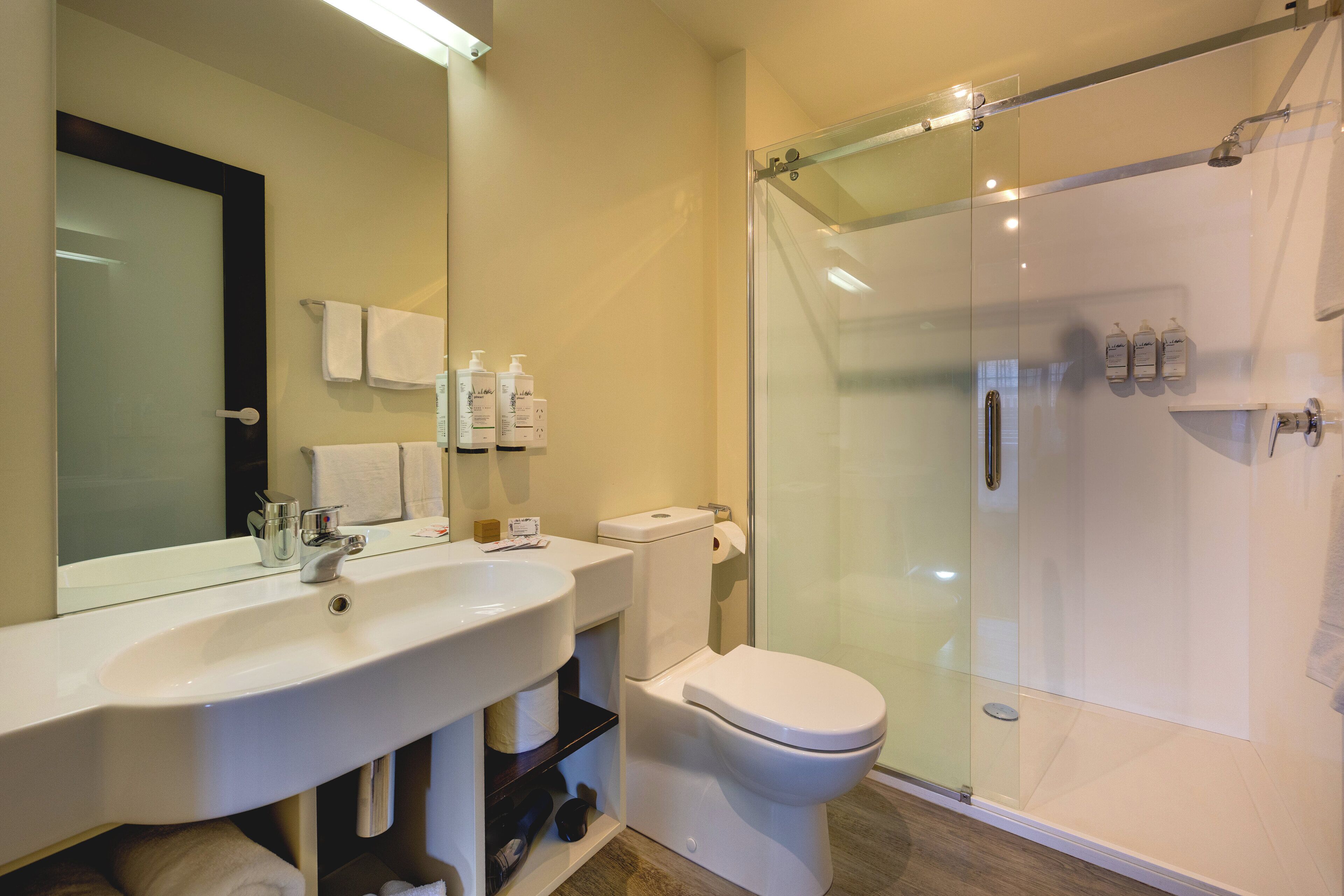 A modern bathroom with a glass-enclosed shower, a white sink, and a toilet.