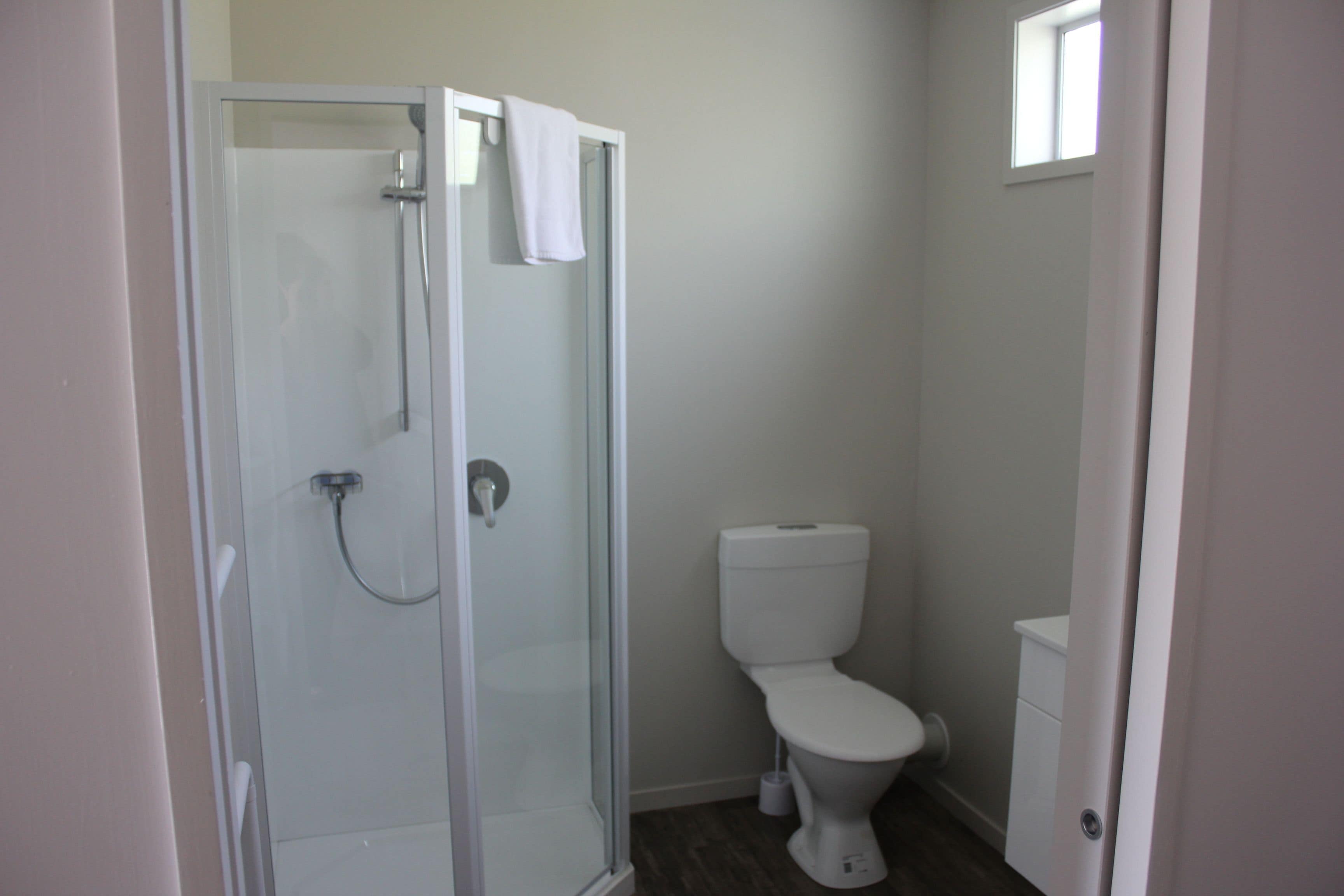 A bathroom with a glass-enclosed shower, a white toilet, and a small window.