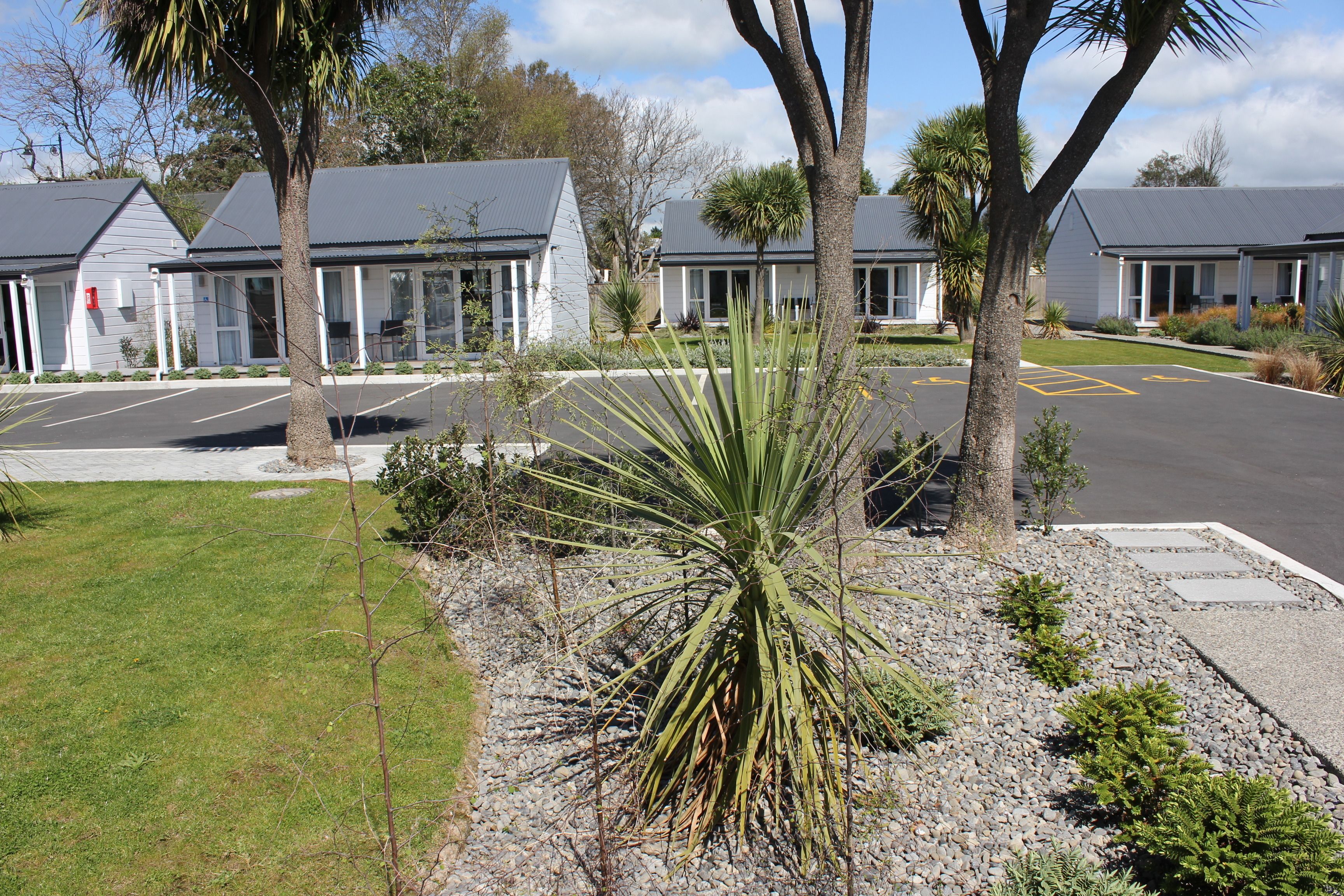 A motel with a parking lot, a palm tree, and a small garden area.