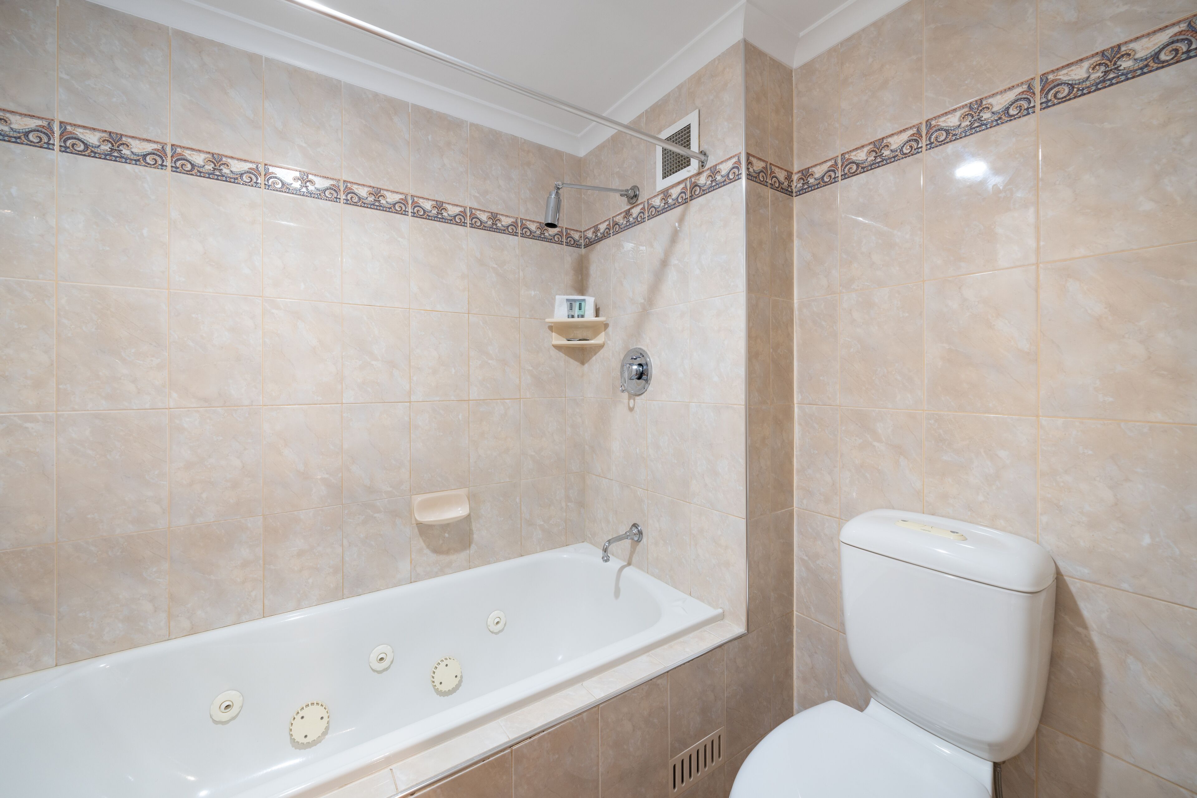Un baño con bañera, inodoro y ducha.