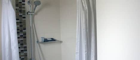 A shower area with a showerhead, a handheld shower, and a glass shelf.