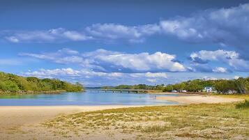 Une plage avec une rivière, un pont et de la verdure.