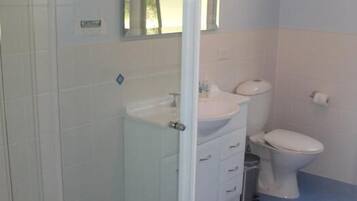 Combined shower/bathtub, free toiletries, towels
