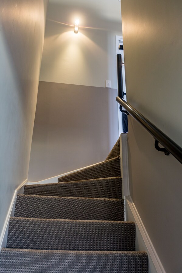 A staircase with a handrail, carpeted steps, and a light fixture at the top.