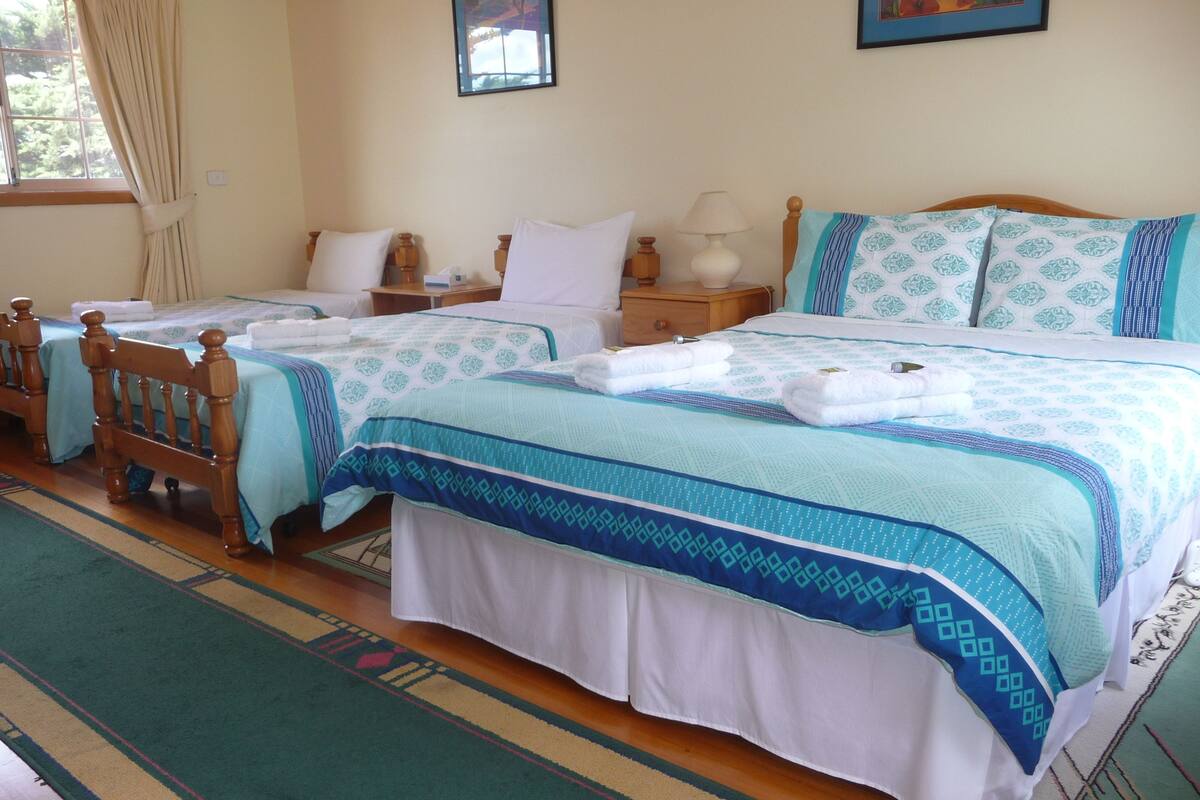 Quarto de hotel com duas camas de solteiro, cabeceira de madeira, mesa de cabeceira com abajur e janela com cortinas.