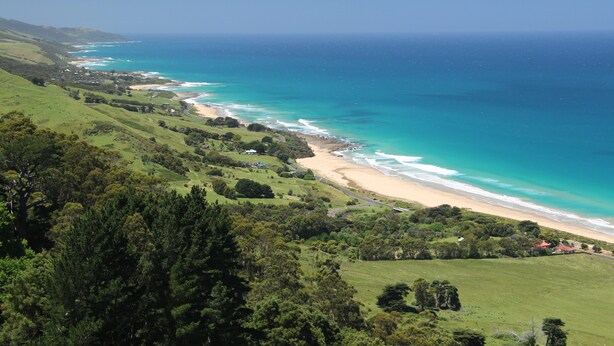 A coastal landscape with a beach, greenery, and a clear view of the ocean. - Angela's Beach Stays (Apollo Bay)