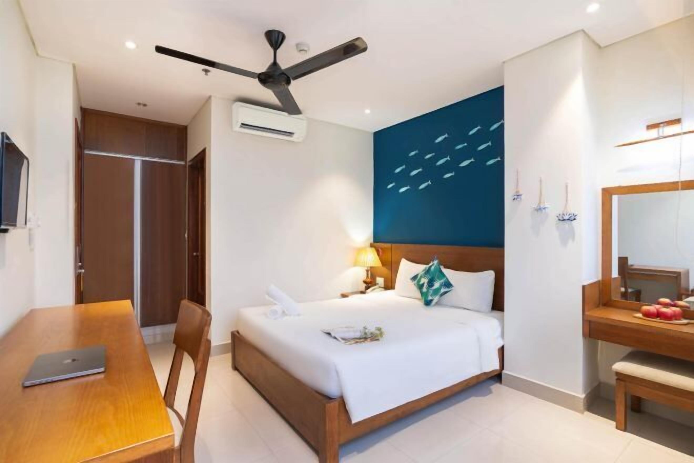 Desk, laptop workspace, blackout curtains, soundproofing