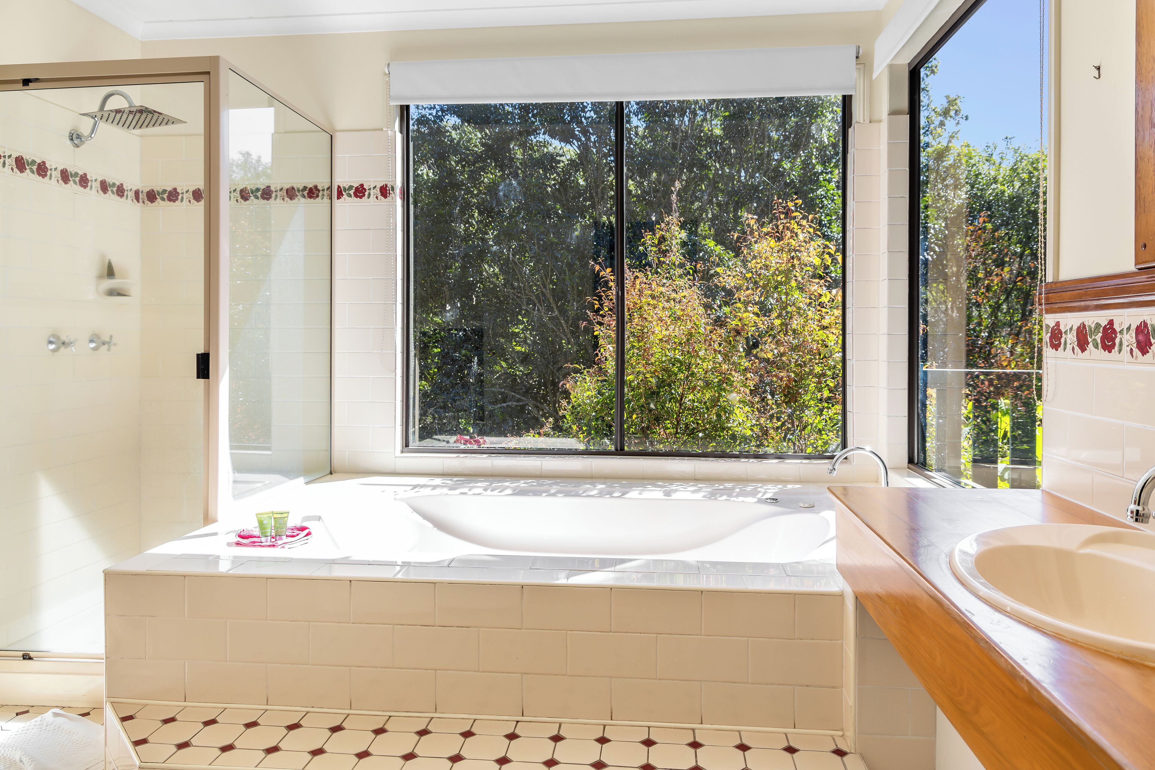 Separate tub and shower, jetted tub, free toiletries, hair dryer