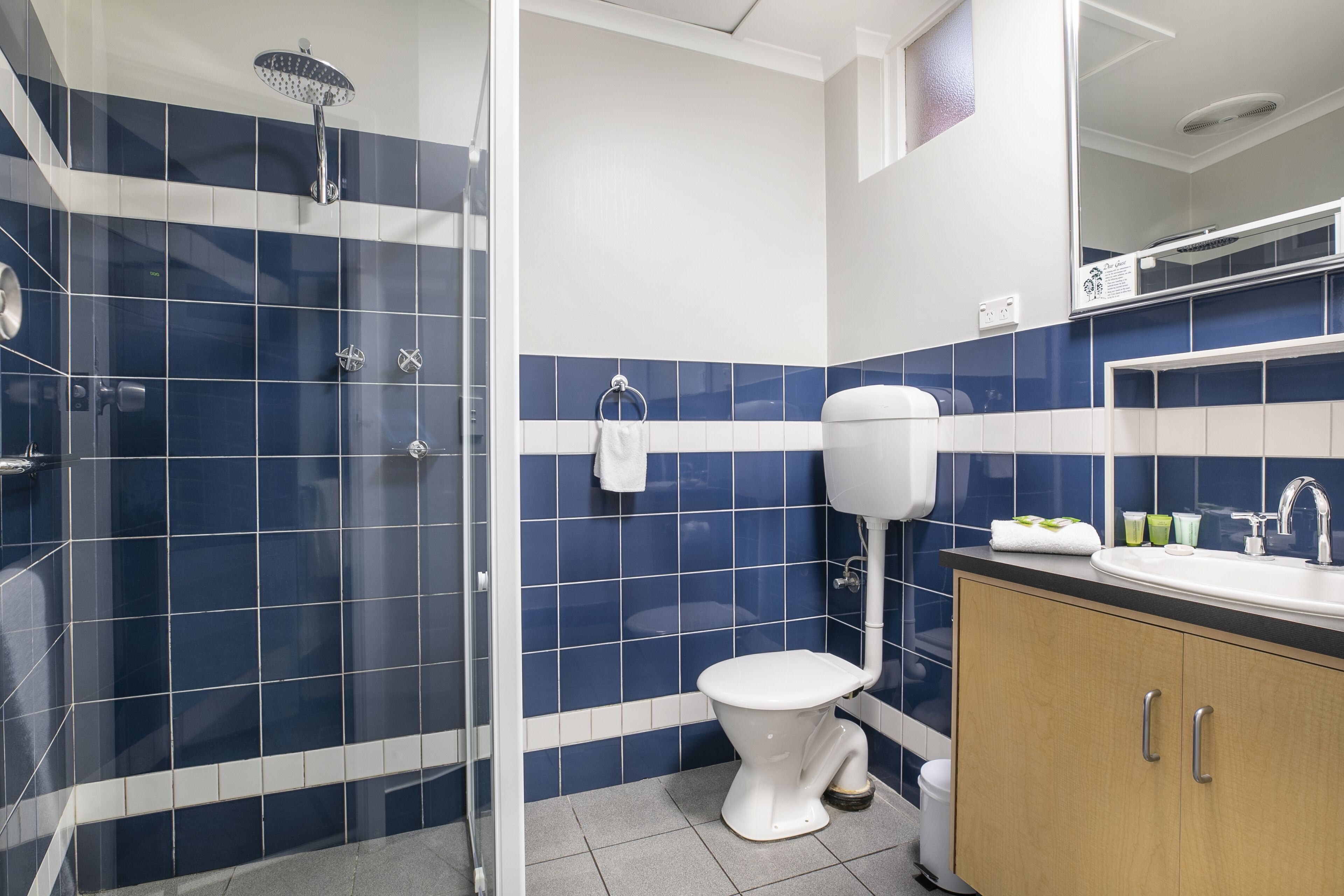 Un baño con baldosas azules y blancas, un inodoro blanco, una ducha y un gabinete de madera con un lavamanos.