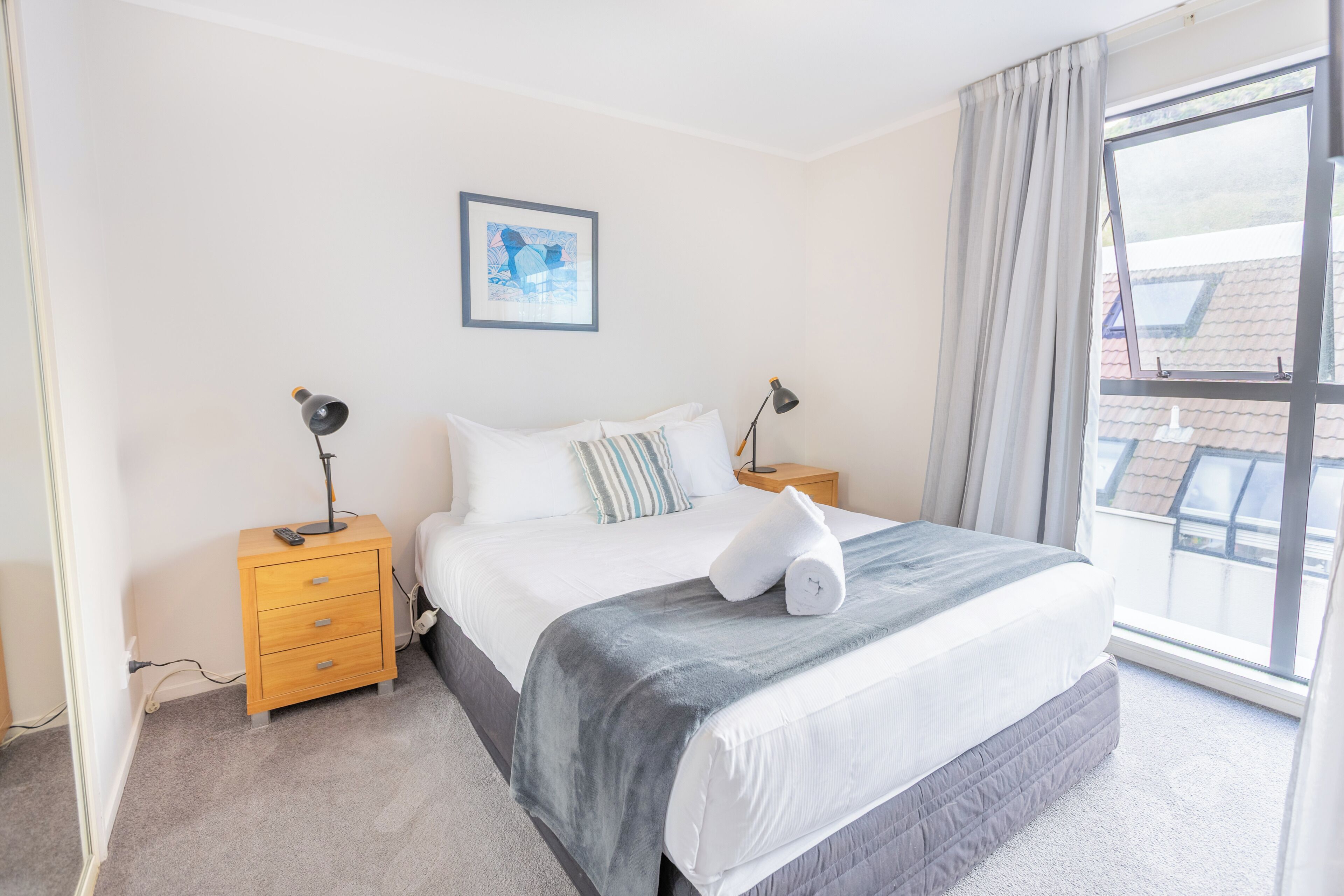 Laptop workspace, iron/ironing board, cribs (free), WiFi (free)