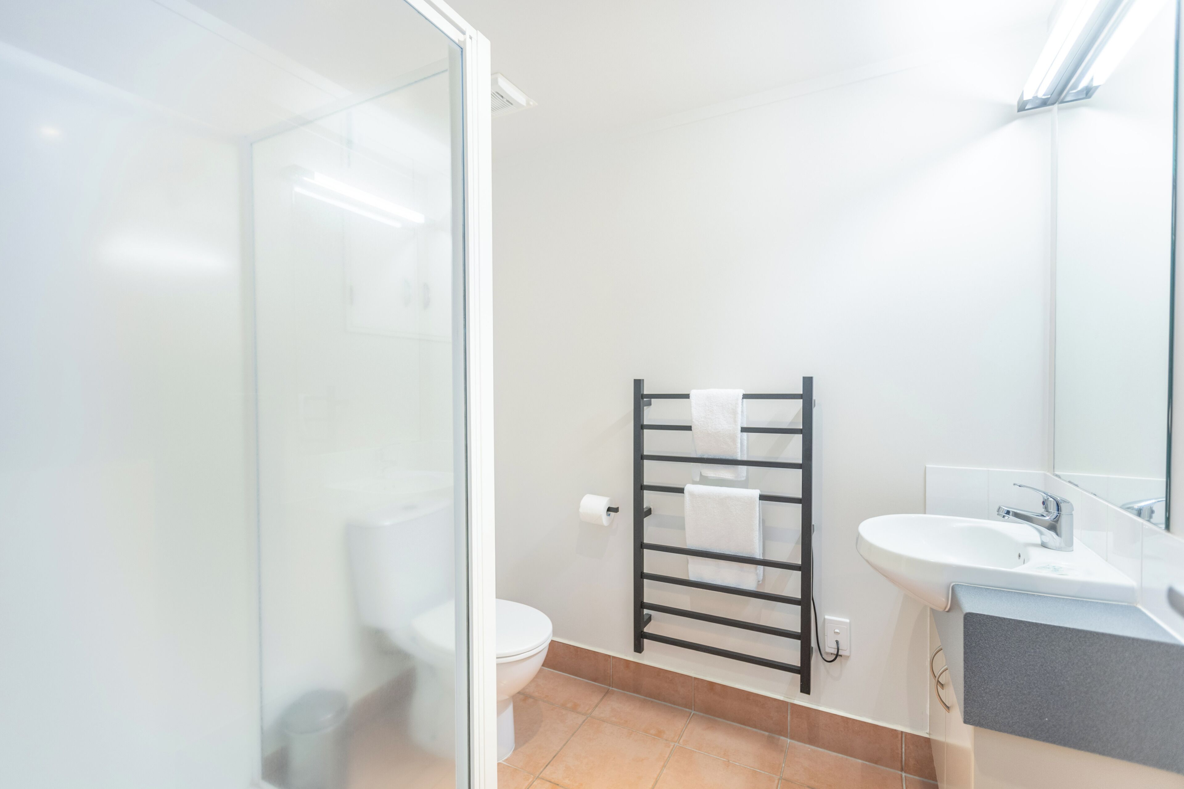 Et moderne badeværelse med en glasbrusekabine, toilet, håndklædestang og en vask med spejl.