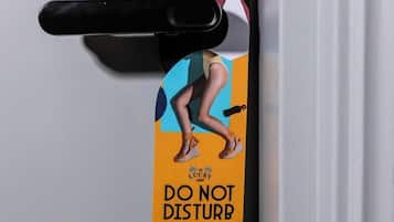 A door with a black handle and a colorful sticker featuring a woman in high heels and the text "DO NOT DISTURB".
