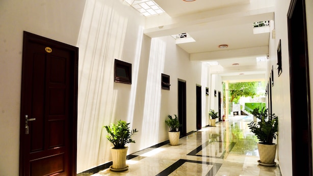 Un pasillo de hotel con una puerta de madera oscura, paredes blancas y plantas en macetas.