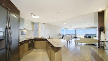 Grand réfrigérateur, micro-ondes, plaque de cuisson, lave-vaisselle