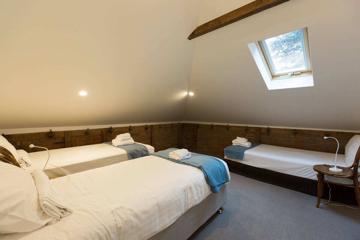 A room with two beds, a skylight, and a small table with a chair.