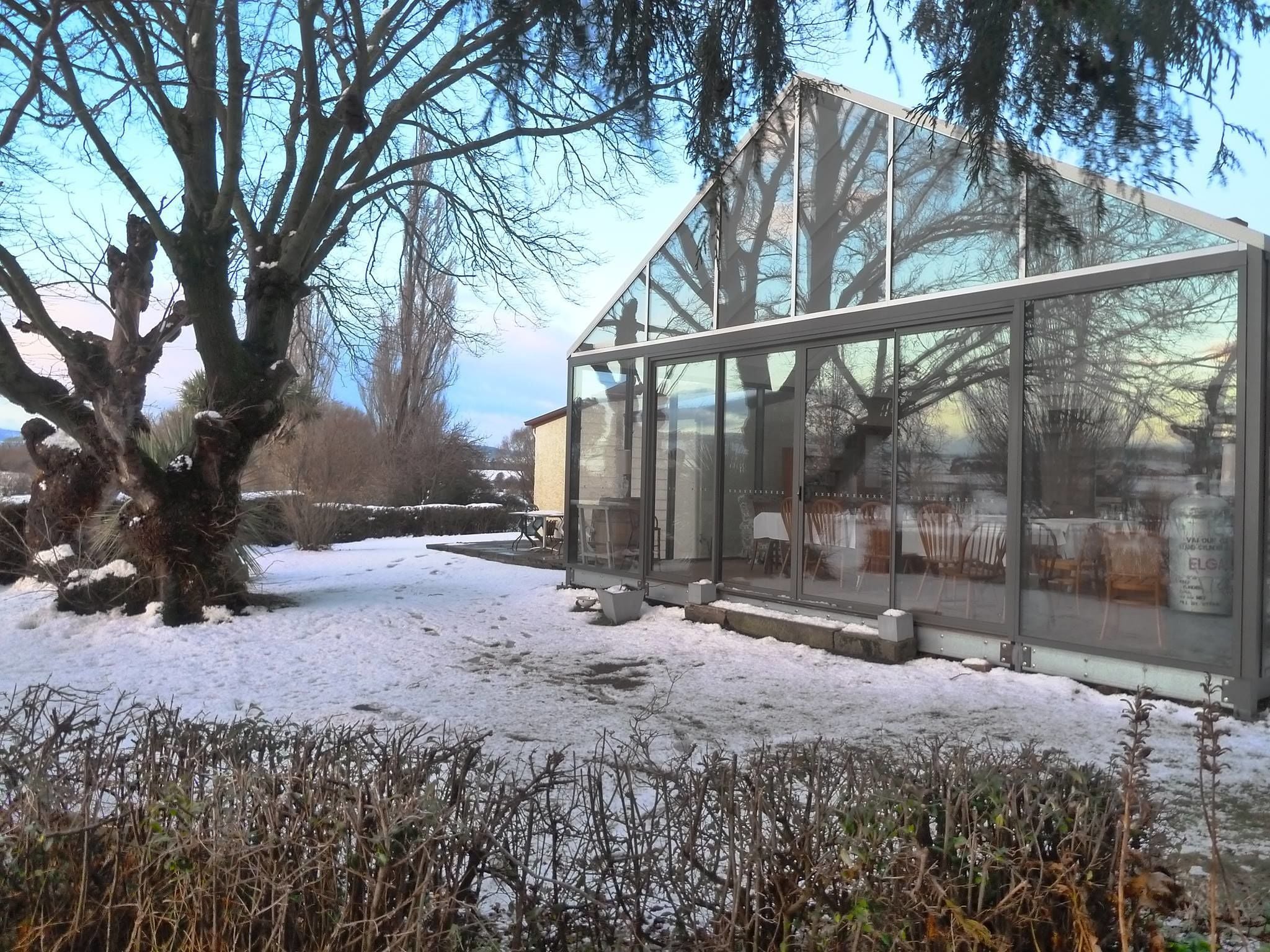 A modern glass greenhouse structure with a clear roof, surrounded by snow-covered ground and sparse vegetation.