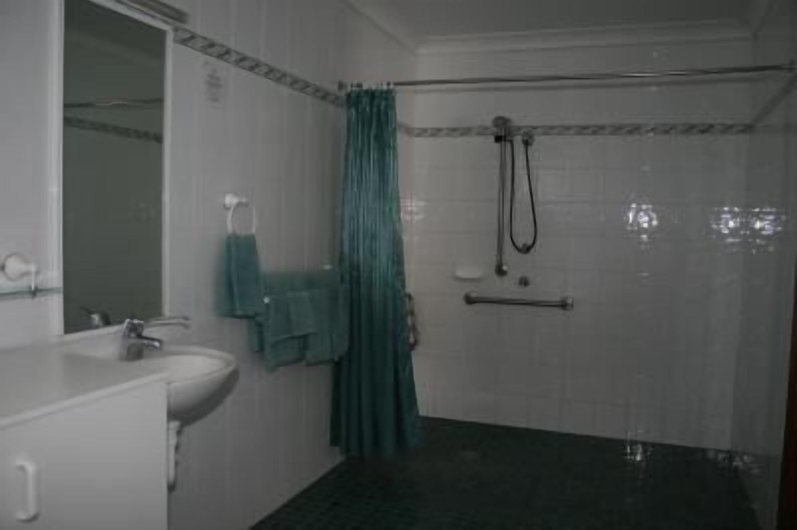 A bathroom with a sink, mirror, and shower.