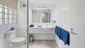 A modern bathroom with a toilet, sink, and shower. - The River Boat Hotel - Echuca (Echuca)