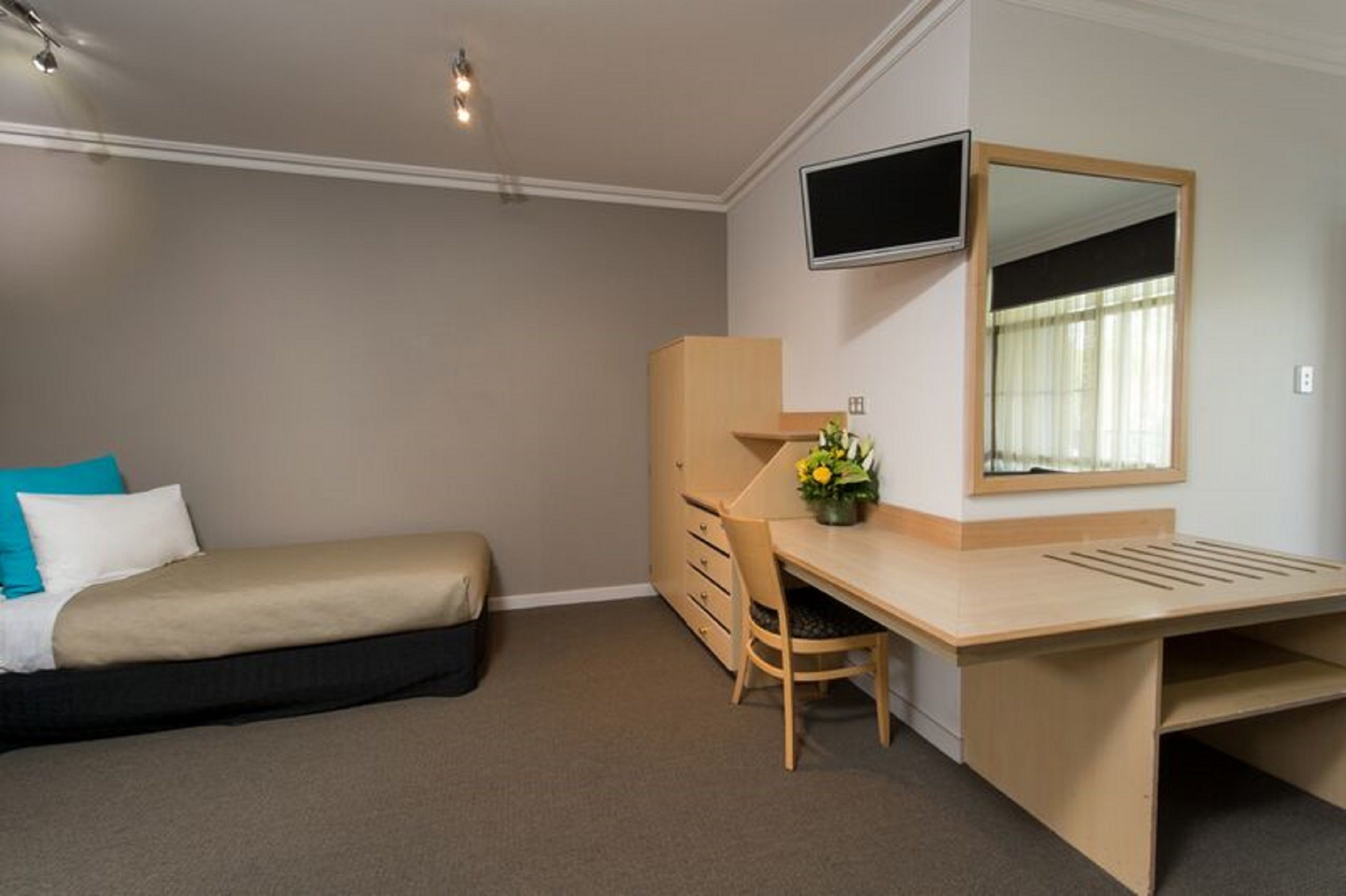 A bedroom with a bed, a desk, a chair, a dresser, a TV, and a mirror.