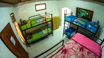 Cozy dormitory room with bunk beds, a wooden door, and a framed picture on the wall.