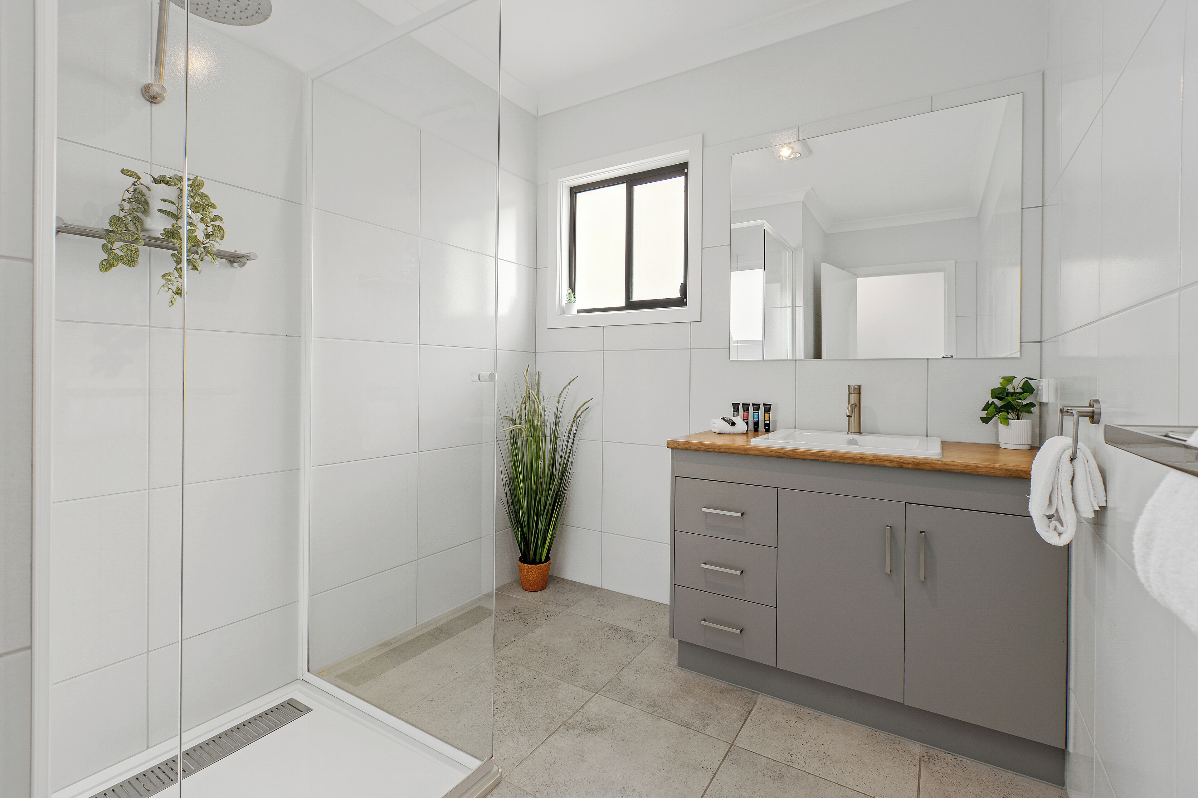 A modern bathroom with a shower, a sink with a mirror, and a potted plant.
